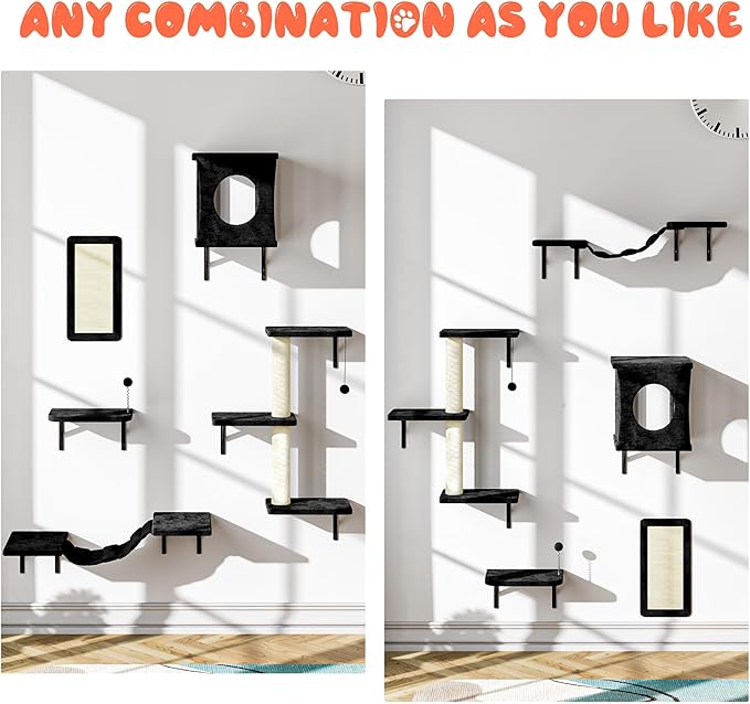 NUNU LAB Cat Wall Shelves Set, 5 Pcs Wall-Mounted Cat Climber with Condo House, Bridge Ladder, Scratching Post, Indoor Cat Furniture Set, Black