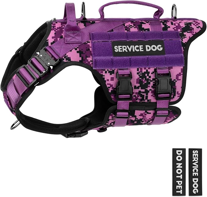 Tactical Dog Harness - PETNANNY Dog Harness Service Dog Vest for Large Breed Dog, Hook and Loop Panel for Service Dog Patchs, Work Dog MOLLE Vest with Handle for Walking Hiking Training(Purple Camo,L)