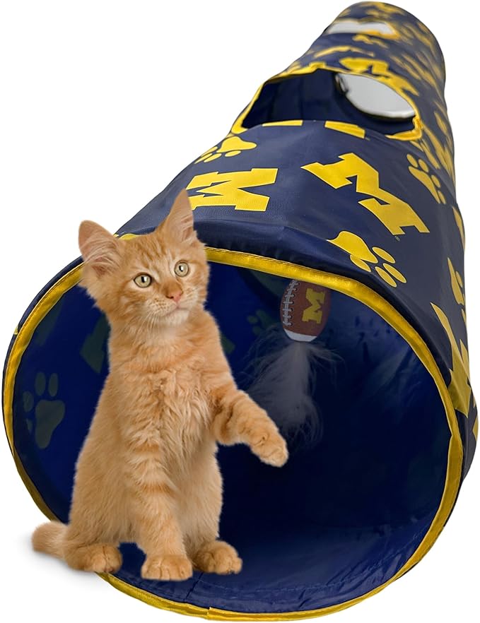 NCAA Michigan Wolverines Cat Tunnel Tube Toy with Plush Football Catnip and Feathers