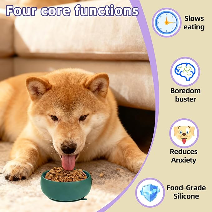 Deep Green Slow Feeder Dog Bowl for Large Breed & Puppies - Prevents Bloat & Improves Digestion - Non-Slip Dog Puzzle Toy with Suction, Made of Food-Grade Silicone