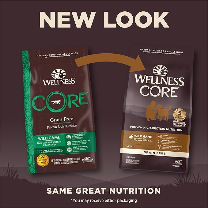 Wellness Natural Pet Food CORE Natural Grain Free Dry Dog Food, Wild Game Duck, Turkey, Boar & Rabbit, 12-Pound Bag