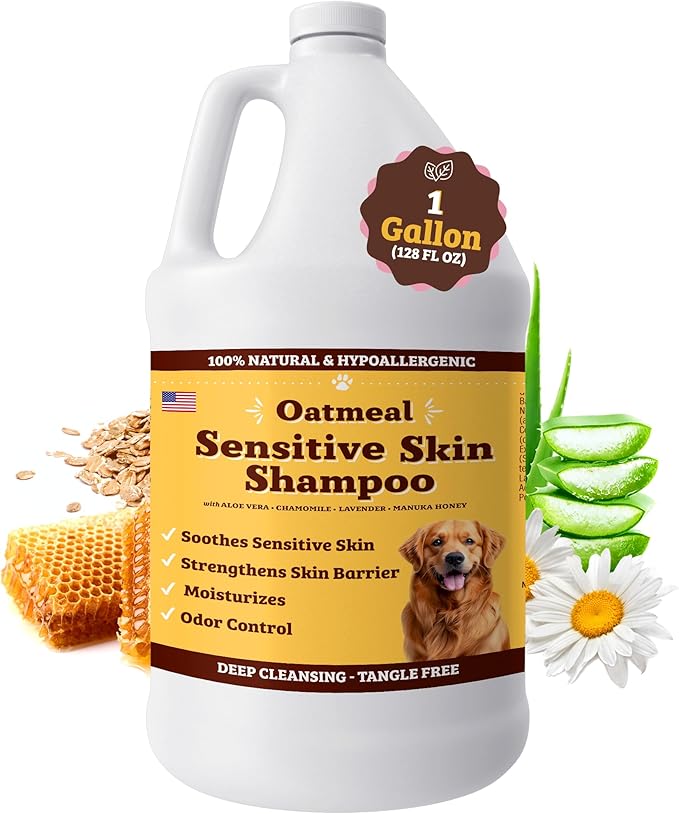 Natural Dog Company Sensitive Skin Dog Shampoo Gallon – 128 oz Oatmeal Hypoallergenic Formula with Aloe, Manuka Honey & Chamomile – Soothes Itchy, Dry, Flaky Skin – Groomer & Multi-Dog Household Size