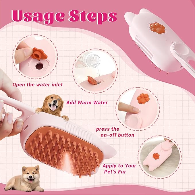 Cat Brush Cat Steam Brush Rechargeable Steamy Pet Grooming For Shedding, Water Spray Massage Brushs, Dog Hair Removal Self Cleaning Brushs Steamer Wet Spa Comb (Pink)