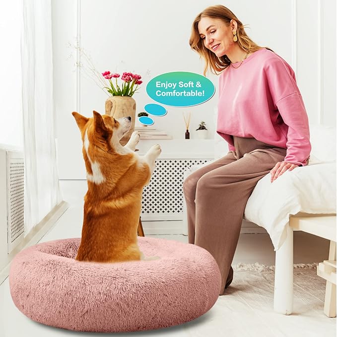 SAVFOX Plush Calming Donut Dog Beds for Small Dogs, Medium, Large & X-Large Breeds, Comfy Cuddler Dog Bed and Cat Bed in Faux Fur, Washable, Multiple Sizes S-XXL