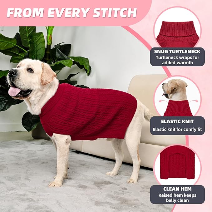 2 Pack Dog Sweaters for Big Dogs Turtleneck Pullover Cable Knit Large Size Stretch Clothes Pitbull Labrador Bulldog Doberman Boy Girl Pets Winter Clothes (XXL, Pink & Red)