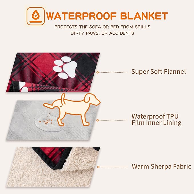 Waterproof Dog Blankets Pet Blanket 50"x60", Soft Fluffy Sofa Car Bed Protector, Reversible Sherpa Fleece Dog Blanket for Large Dogs Christmas Decor(Paw Red)