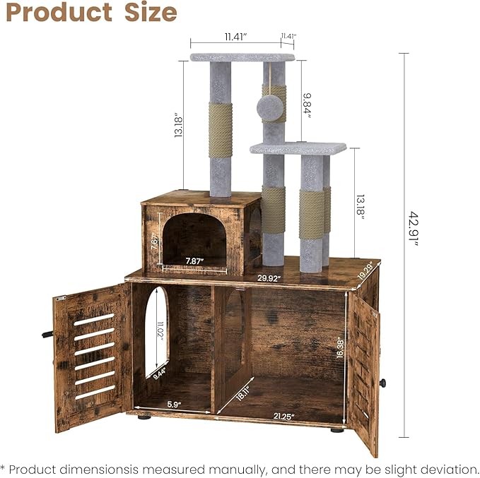 Cat Litter Box Enclosure with Cat Tree Tower 2-in-1 Hidden Pet Washroom Furniture with Scratching Post and Soft Plush Perch Platform Wooden Cat House Divided Condo for Indoor Large Cats Rustic Brown