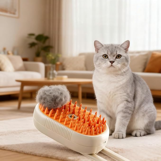 4 in 1 Cat steam brush, USB-Powered Pet Steam Brush for Dogs & Cats | Instant Fog Deshedding Tool, Reduces Shedding & Flyaway Hair | Gentle Grooming Brush for Dog & Cat Hair Loss Control (Orange)