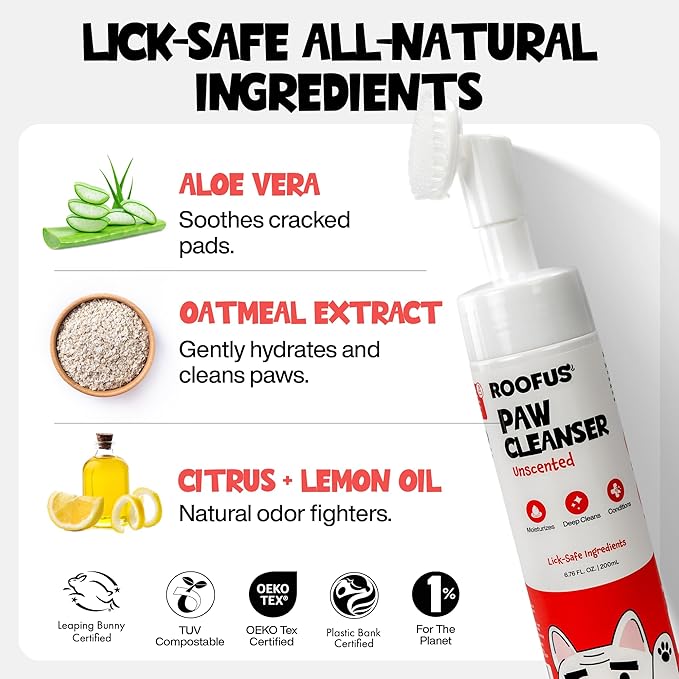 Paw Cleaner for Dogs & Cats, No-Rinse Dog Paw Cleaner Washer, Gentle Unscented Foaming Cleanser with Built-in-Brush, Paw Cleanser for Repairing & Restoring Cracked Paws (5.07 fl oz)