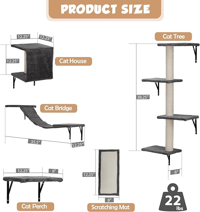 Cat Wall Shelves, Wall Mounted Cat Furniture, Cat Wall Cimber with Perches, Scratchers and Condo, Set of 5 (Grey)