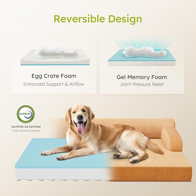 XXL Orthopedic Dog Bed, Big Dog Bed for Large Dogs, Dual-Sided Pet Cooling Beds with Memory Foam Washable Cover Nonslip Bottom, Waterproof Pet Couch with Bolsters, Brown