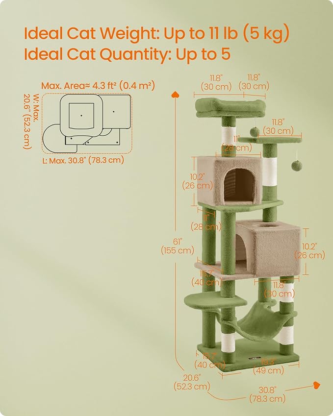 Feandrea Cat Tree, 61-Inch Cat Tower for Indoor Cats, Plush Multi-Level Cat Condo with 5 Scratching Posts, 2 Perches, 2 Caves, Hammock, 2 Pompoms, Grass Green and Camel Brown UPCT192C03