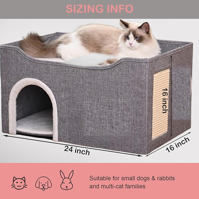 Heated Cat Bed Indoor w/ 12V Electric Heating Pad, Thermal Warming Heated Pet Bed House for Indoor Cats w/Scratching Post, Covered Cat Cave Beds & Furniture Foldable Cats Hideaway, 24x16x15