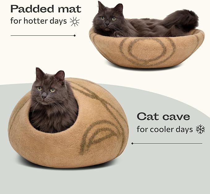 MEOWFIA Cat Cave – Premium Felt Cat Bed for Indoor Cats, Handmade 100% Merino Wool (Beige, Medium)