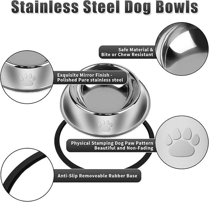 3Pcs Stainless Steel Dog Bowls Set with Dog Paw Pattern- Non-Slip Food and Water Bowl 13 Oz - Dishwasher-Safe, Rust Resistant Metal Pet Bowls for Small/Medium/Large Sized Pets