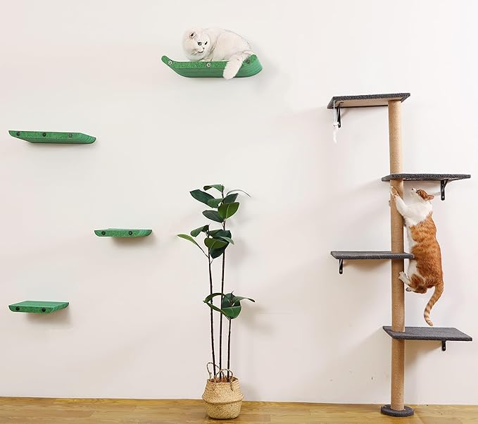 Cat Wall Shelves for Inside,Sound Proof PET Felt Cat Furniture Set,Scratch Resistant Wall Mouted Perch for Kitty Climbing, Sleeping and Lounging (Set of 4-Green)