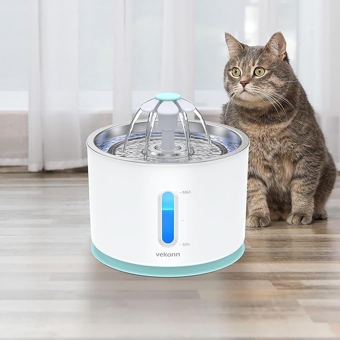 Cat Water Fountain Stainless Steel Top with 4 Filters and 4 Sponges, Pet Water Fountain for Small Dog and Cat with LED Light and Water Level Window (Green)