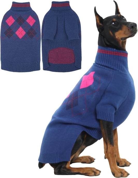 XXXL Boy Dog Sweater, Dog Sweaters for Extra Large Dogs Boy, Winter Warm Pullover, Turtleneck Knit Dog Christmas Sweater with Sleeves, Soft Stretchy Knitwear for Cold Weather, Holidays - Blue