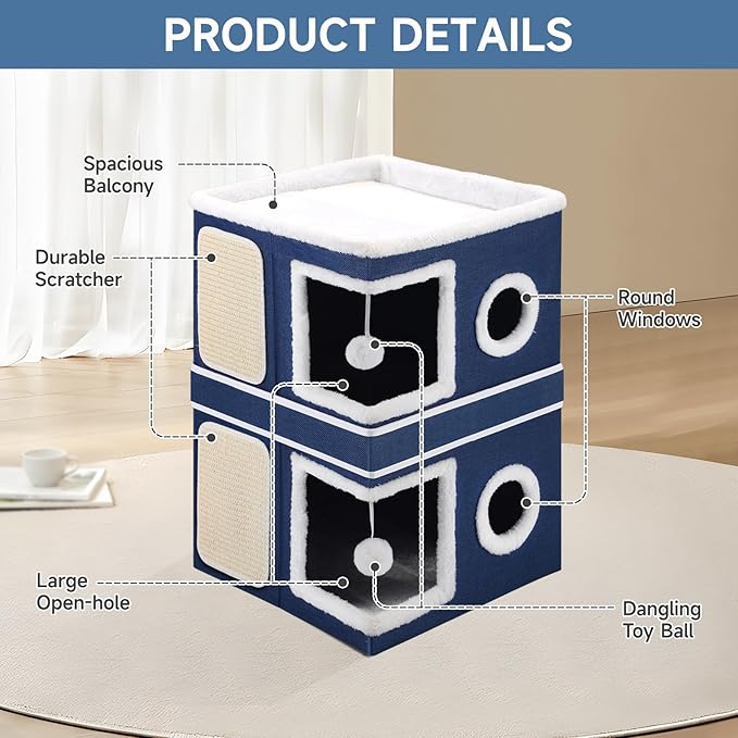 Shikha 2-Storey Cat Houses for Indoor Cats, Dual-Purpose Double Large Cat Beds Cave with Hideaway Condos, Scratch Pads, Fluffy Balls, Foldable Indoor Cat Cube House for Multi Small Pets Kitten, Blue