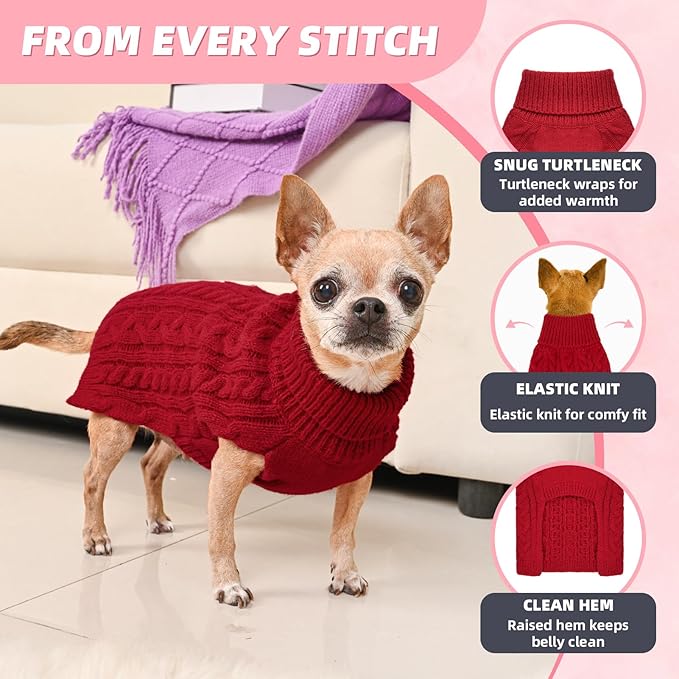 2 Pack Dog Sweaters for Small Dogs Turtleneck Pullover Cable Knit Puppy Stretch Clothes Chihuahua Yorkie Pomeranian Toy Poodle Boy Girl Pets Winter Doggie Clothes (S, Pink & Red)