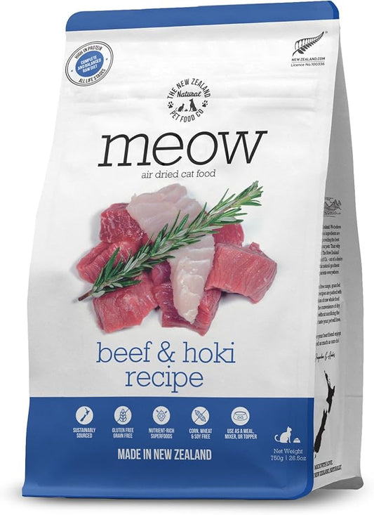 The New Zealand Natural Pet Food Co. Meow Air Dried Cat Food - Beef & Hoki Recipe - Topper, Mixer or as Cat Training Treats, All Life Stages - 26.5 oz
