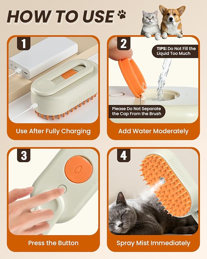 Cat Steam Brush for Shedding, Pet Steam Brush for Cats and Dog, 4 in 1 Rechargeable Cat Hair Brush, Spray Anti-Static, Massage, Cleaning, Shedding & Combing All In One, for Long & Short Haired Pets!