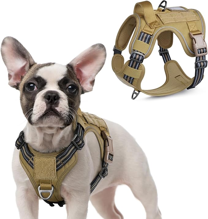 rabbitgoo Tactical Dog Harness for Small Dogs, No Pull Military Service Vest with Handle & Molle, Easy Control for Training Walking, Adjustable Reflective Straps, Brown, S