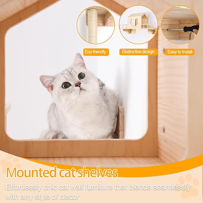 Cat Shelves for Wall, Climbing Shelves Wall-Mounted Furniture Set, Shelf with 1 House, 1 Bridge Ladder, 3 Scratching Posts and 5 Steps