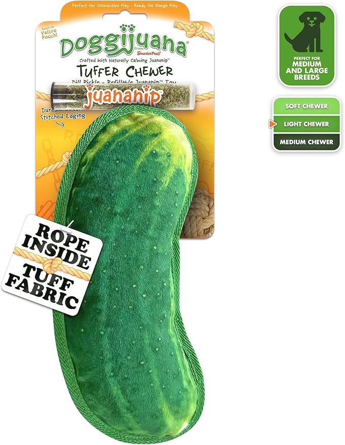 Doggijuana Tuffer Chewer Plush Dog Toy | Funny Dog Toy Plush with Juananip Catnip for Dogs | Calming Aid for Dogs | Interactive Squeaky Chew Toy for Play (Dill Pickle)