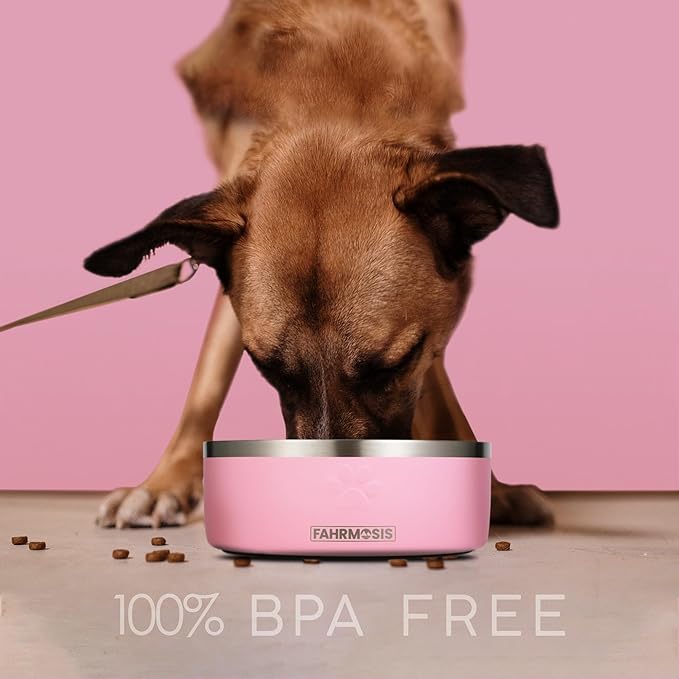 32 Oz Dog Bowl with Slow Feeder Insert Stainless Steel Pet Water Bowl for Medium & Large Breed Non Slip Rubber Base & Plastic Puzzle Feeder - Pink