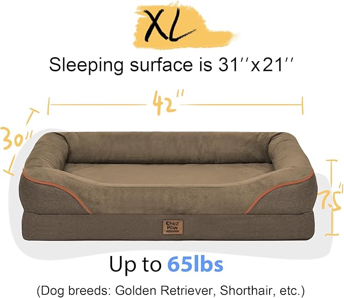 Orthopedic XL Large Dog Bed - Removable Bolster & Waterproof Washable Cover for Pet Big Dogs Bed Extra Large Dog Beds with Foam Support Non-Slip Bottom