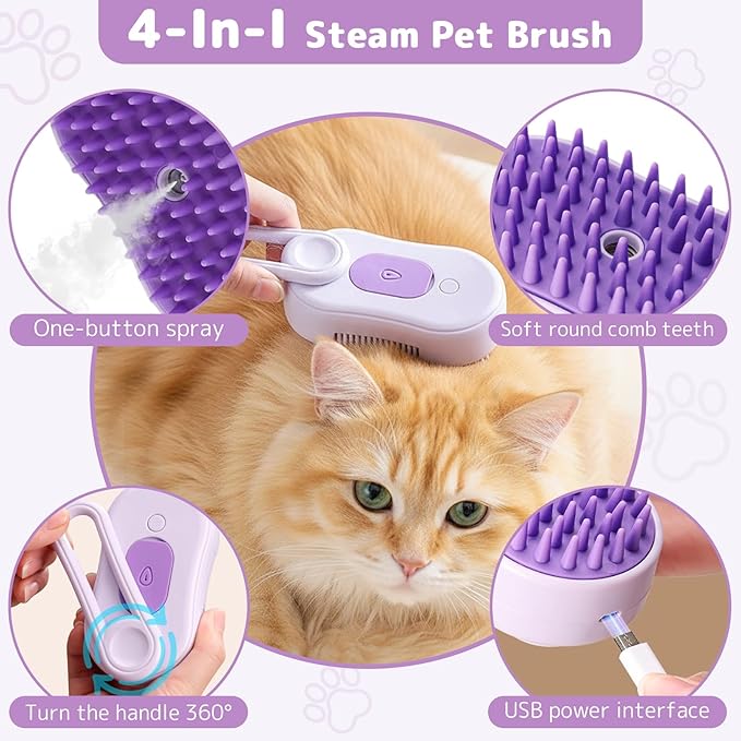 2-Pack Cat Steam Brush for Shedding, Rechargeable 4-in-1 Multifunctional Grooming Tool for Cats & Dogs - Deshedding, Cleaning, Massage & Detangling,2-Pack Pet Finger Toothbrush (Orange, Purple)