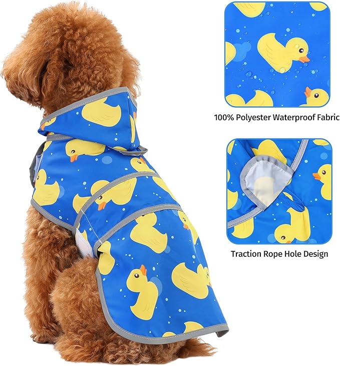Dog Raincoat for Small Dogs Puppies Waterproof Hooded Rain Jacket with Reflective Strips Leash Hole & Poncho Adjustable Fit (ShinyDuck,S)