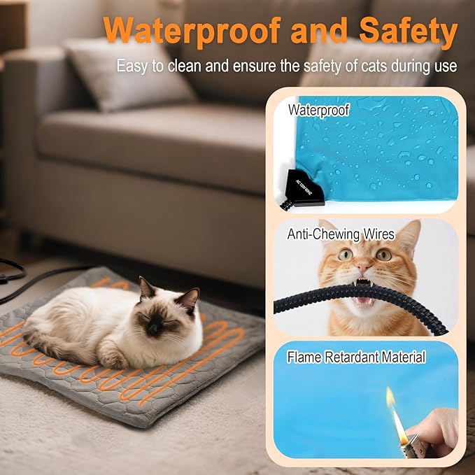 Pet Heating Pad for Cats & Dogs Indoor Outdoor, Warming Cat Heating Pad with Chew Resistant Cord, Adjustable Temperature & Time, Heated Cat Bed Mat Waterproof for Cats Small Dogs, 17.7'' × 17.7''