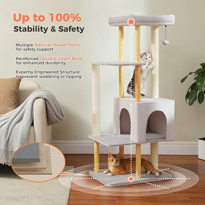 53" Modern Cat Tree for Large Cats, Wooden Cat Tower with Fully Sisal Covered Scratching Posts and Solid Wood Posts, Cat Furniture with Spacious Perch and Cozy Condo Gray
