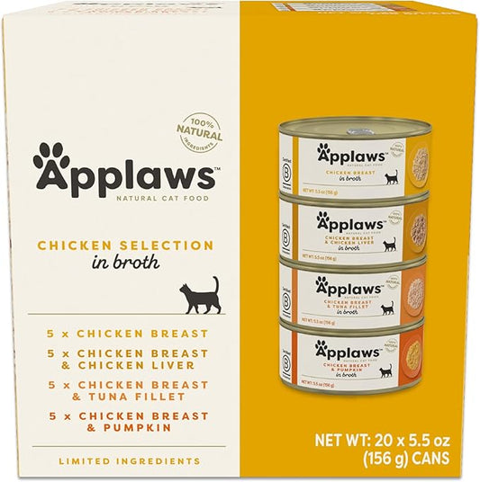 Applaws Natural Wet Cat Food in Broth, Limited and Natural Ingredients, High Protein with No Artificial Additives, Chicken Selection in Broth Cans (20 x 5.5 oz Cans)