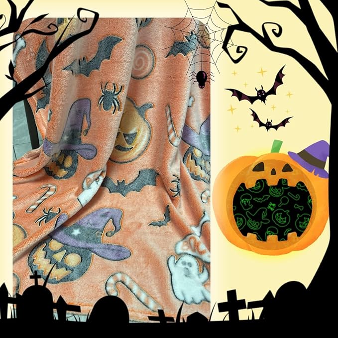 Cute Halloween Pumpkin Blanket for Kids/Teens/Women/Men, Glow in The Dark Throw Blankets Soft Plush Fleece, Spooky Blanket for Boy/Girls/Toddler, Day Care Home Travel Use, 60"*50", Orange