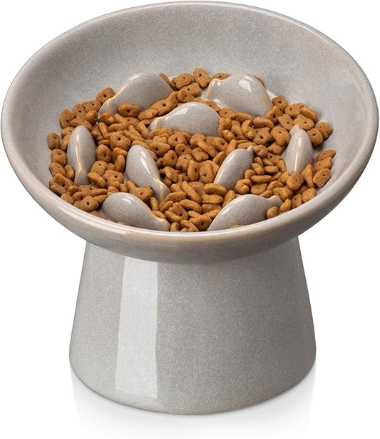 vancasso Ceramic Slow Feeder Cat Bowl, 6.25 Inch Elevated Cat Slow Feeder Bowl, Anti Vomiting for Dry and Wet Food, Grey
