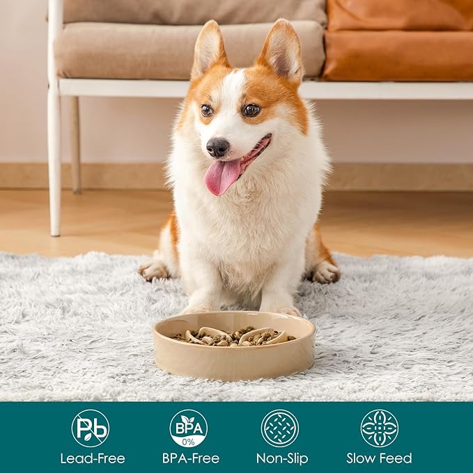 vancasso Ceramic Slow Feeder Dog Bowls, Puzzle Dog Food Bowls with Floral Maze, Anti -Slip Pet Food Dish for Medium Breed, 1.5 Cups, Brown