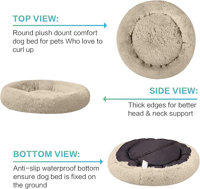 SAVFOX Plush Calming Donut Dog Beds for Small Dogs, Medium, Large & X-Large Breeds, Comfy Cuddler Dog Bed and Cat Bed in Faux Fur, Washable, Multiple Sizes S-XXL