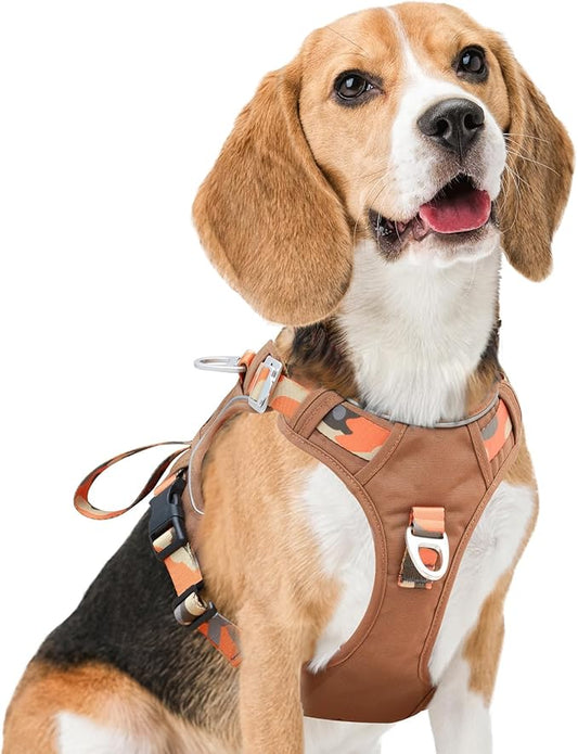 Dog Harness No-Pull with Front & Back D-Rings, Water-Repellent 600D Oxford for Hiking/Training/Walks, Reflective Adjustable Vest, Lightweight Aluminum Hardware Fit for Small Sized Dogs, Camo Orange, S