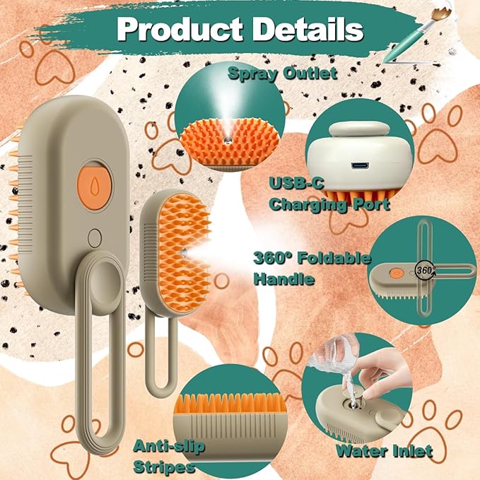 Steam Cat Cordless 3-in-1 Silicone Massaging Grooming Brush With Built-in Lithium Battery, Removes Static and Flying Pet Hair for Cats and Dogs (Beige)