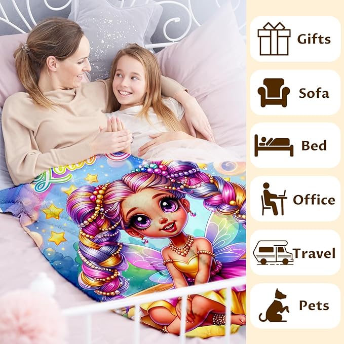 Girls Personalized Blanket Custom Fairy Throw Gift for Kids Daughter Birthday, 50x60 Inches Lightweight Soft Cute Fairy Throw Blankets for Sofa Couch Living Room Bed