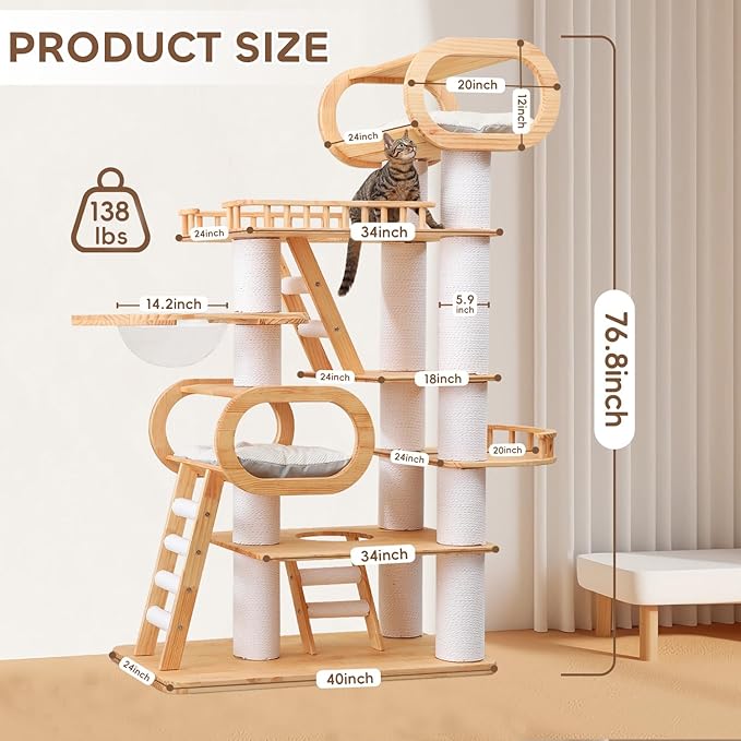 Wood Cat Tree,77'' Modern Cat Trees for Indoor Cats Large Adult,Mult-Level Large Cat Tower with Sisal Scratching Posts,Top Bed,Clear Hammock,Toy,Heavy Duty Sturdy Cat Condo for Cats