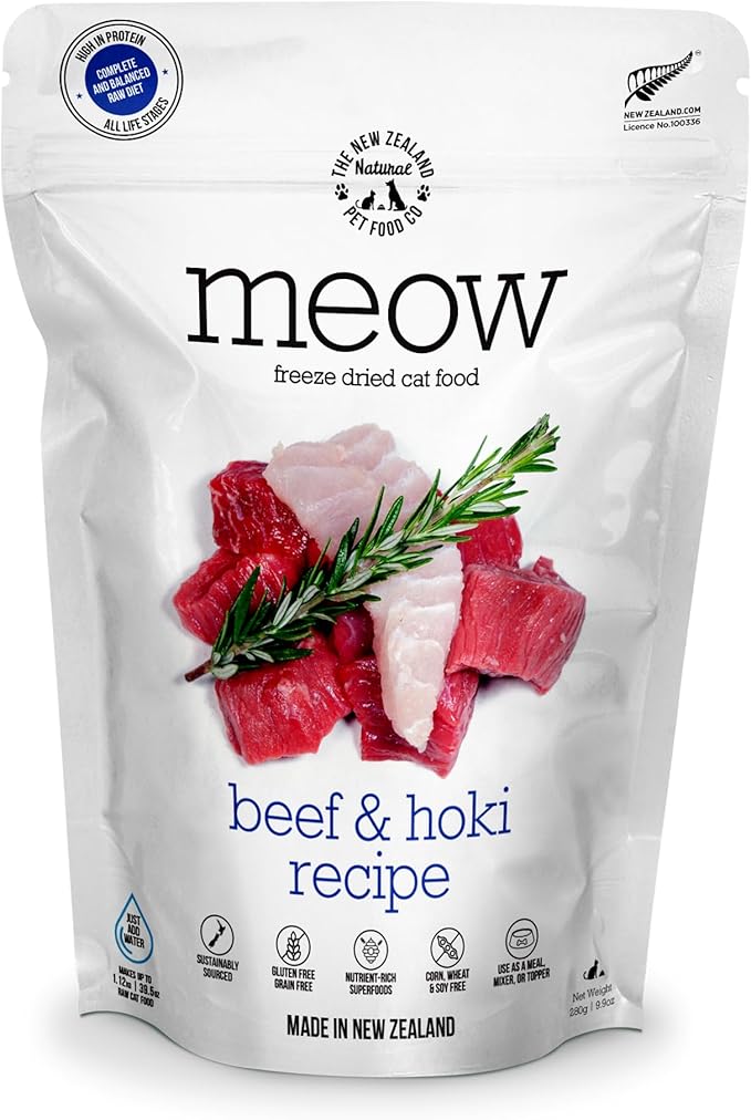 The New Zealand Natural Pet Food Co Meow Freeze Dried Cat Food - Beef & Hoki Recipe, High Protein Treats, Meals & Toppers, Dry Cat Food, 9.9 oz