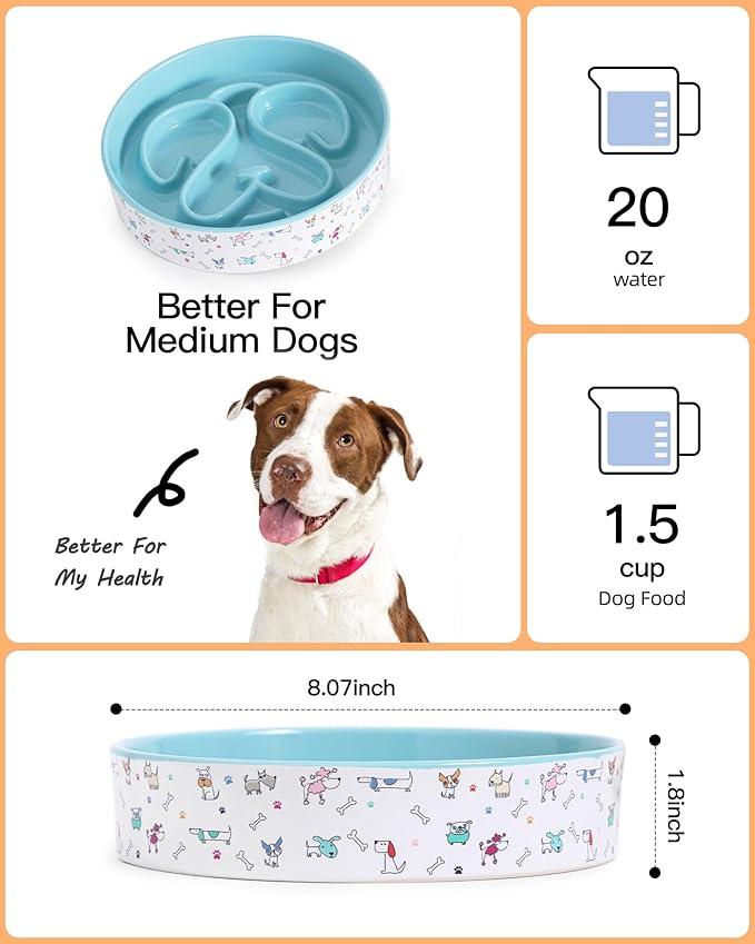 Slow Feeder Dog Bowl, Ceramic Dog Bowls 1.5 Cups Interactive Puzzle Feeder for Fast Eaters, Prevent Bloat & Choking, for Small Medium Large Dogs, Blue