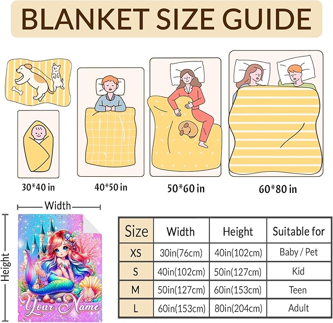 Girls Personalized Mermaid Blanket Gift Custom Throw for Kids Teens, 50x60 Inches Lightweight Cozy Pink Cute Mermaid Throw Blankets for Sofa Couch Bed Travel