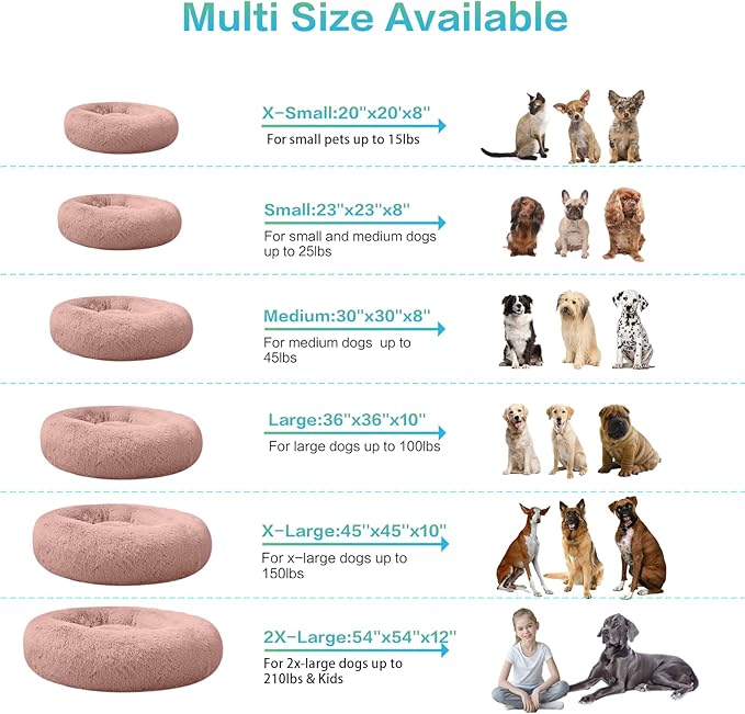 SAVFOX Plush Calming Donut Dog Beds for Small Dogs, Medium, Large & X-Large Breeds, Comfy Cuddler Dog Bed and Cat Bed in Faux Fur, Washable, Multiple Sizes S-XXL