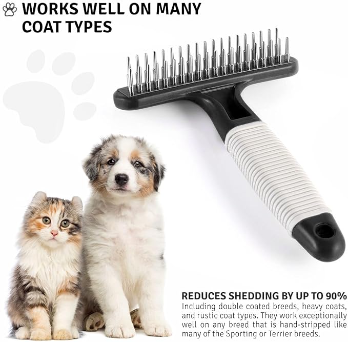 POODLIE Poodle Pet Dog Grooming Rake | Dematting Tool with Stainless Steel Shedding Comb for Pets | 2 Rows of Pins Gently Remove Loose or Tangled Hair from Undercoat (Black)