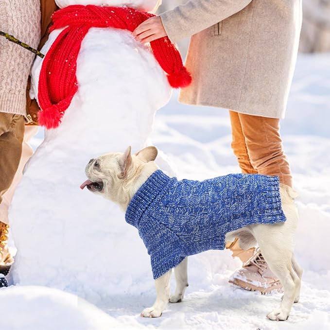 KOOLTAIL Dog Sweater for Large Medium Small Dogs, Fall Dog Sweaters, Turtleneck Cable Knitwear Pet Cold Weather Coats with Leash Hole, Warm Winter Pullover Clothes for Bulldog, Yorkie,Boy Girl,Blue SM